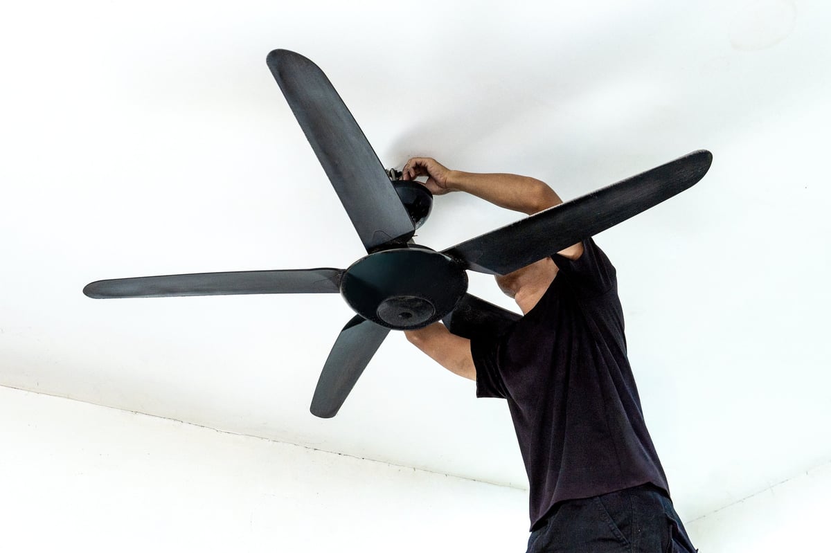 Professional installing a ceiling fan during a property improvement